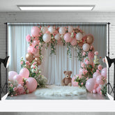 Aperturee - Pink Balloons Arch White Curtain Cake Smash Backdrop