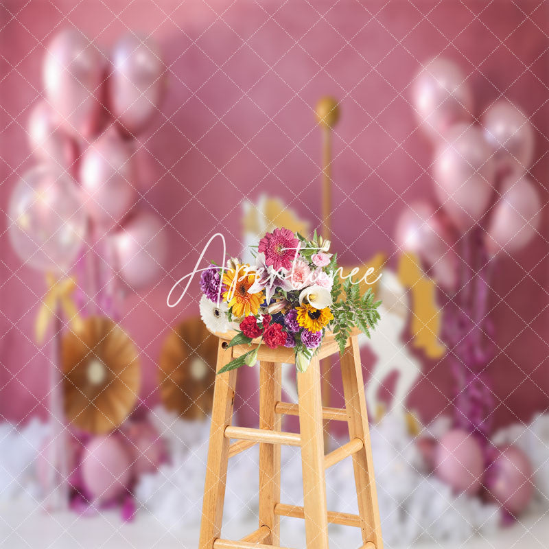 Aperturee - Pink Balloons Carousel Birthday Cake Smash Backdrop