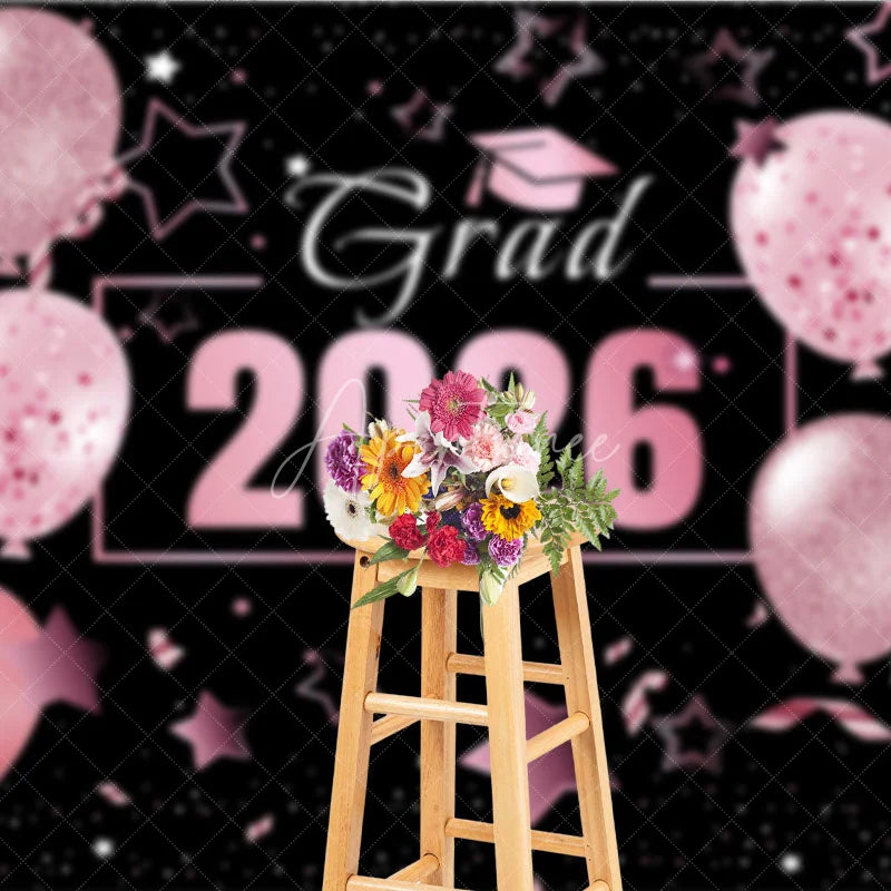 Aperturee - Pink Balloons Star Black Girls Graduation Backdrop