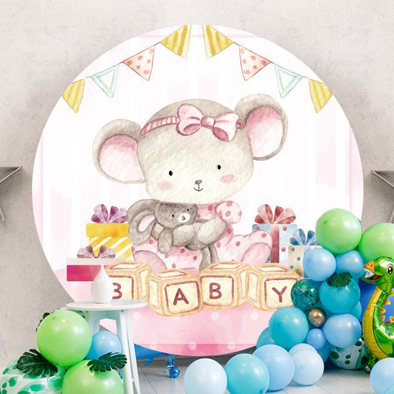 Aperturee - Pink Bear Circle Baby Shower Backdrop For Girl