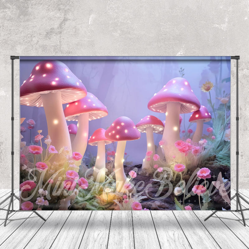 Aperturee - Pink Big Cute Mushroom Misty Floral Path Backdrop