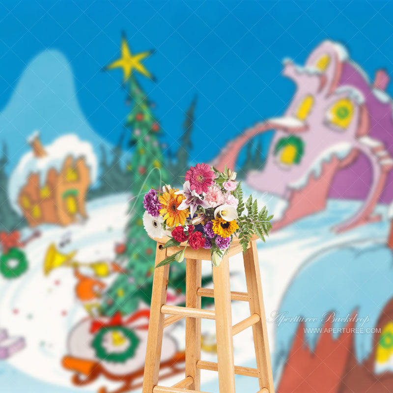 Aperturee - Pink Brown House Whoville Christmas Tree Backdrop