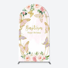 Aperturee - Pink Butterfly Baptism Happy Birthday Arch Backdrop