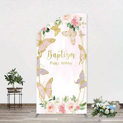 Aperturee - Pink Butterfly Baptism Happy Birthday Arch Backdrop