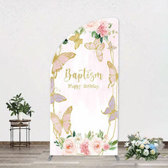 Aperturee - Pink Butterfly Baptism Happy Birthday Arch Backdrop