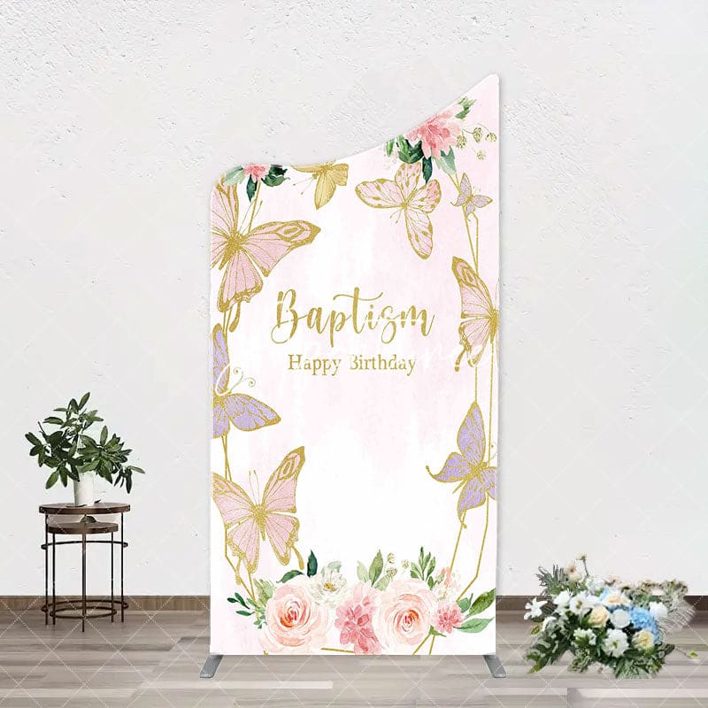 Aperturee - Pink Butterfly Baptism Happy Birthday Arch Backdrop