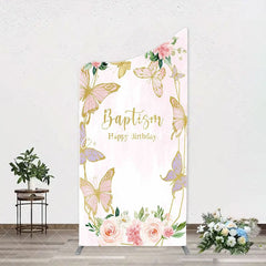 Aperturee - Pink Butterfly Baptism Happy Birthday Arch Backdrop