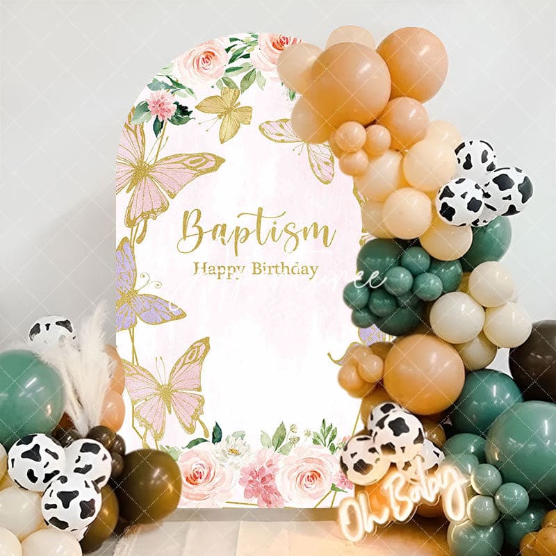 Aperturee - Pink Butterfly Baptism Happy Birthday Arch Backdrop