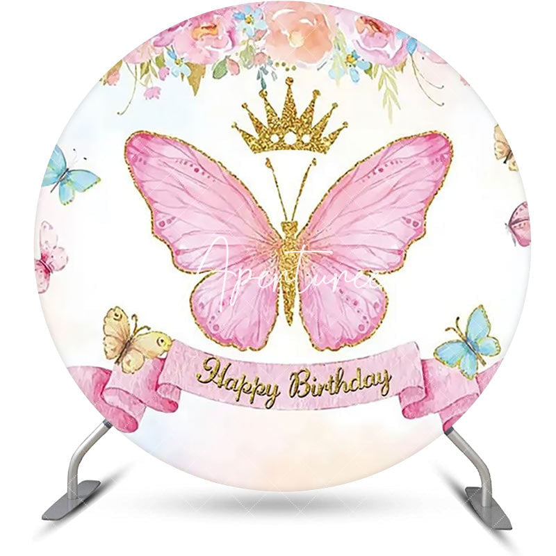 Aperturee - Pink Butterfly Crown Floral Round Birthday Backdrop