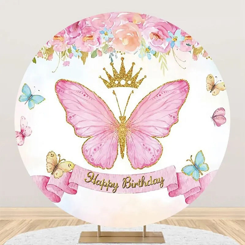Aperturee - Pink Butterfly Crown Floral Round Birthday Backdrop