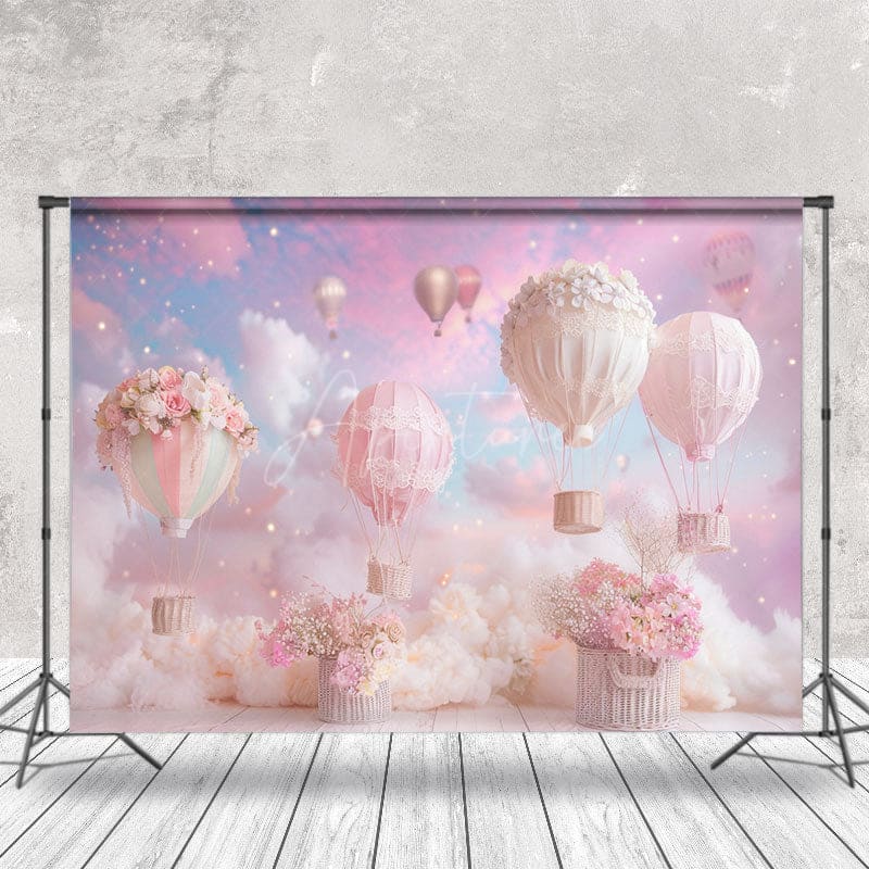 Aperturee - Pink Cloud Floral Hot Air Balloon Cake Smash Backdrop
