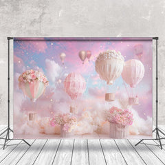 Aperturee - Pink Cloud Floral Hot Air Balloon Cake Smash Backdrop