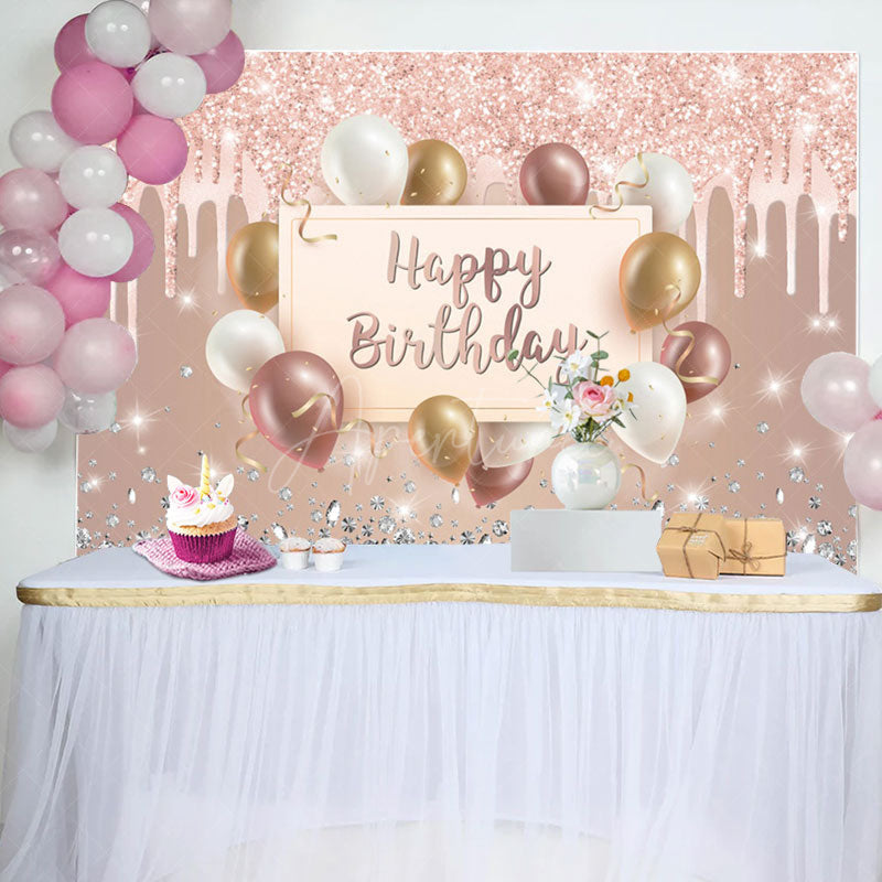 Aperturee - Pink Creamy Glitter Balloon Ribbon Birthday Backdrop