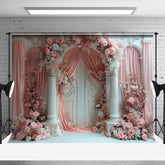 Aperturee - Pink Curtain Floral Luxury White Retro Wall Backdrop