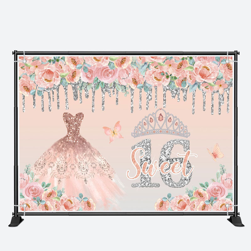 Aperturee - Pink Dress Glitter 16th Sweet Birthday Backdrop