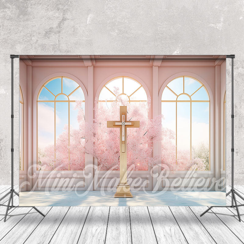 Aperturee - Pink Easter Spring Cross Fantasy Window Photo Backdrop