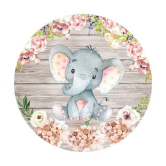 Aperturee - Pink Elephant And Floral Round Wood Baby Shower Backdrop