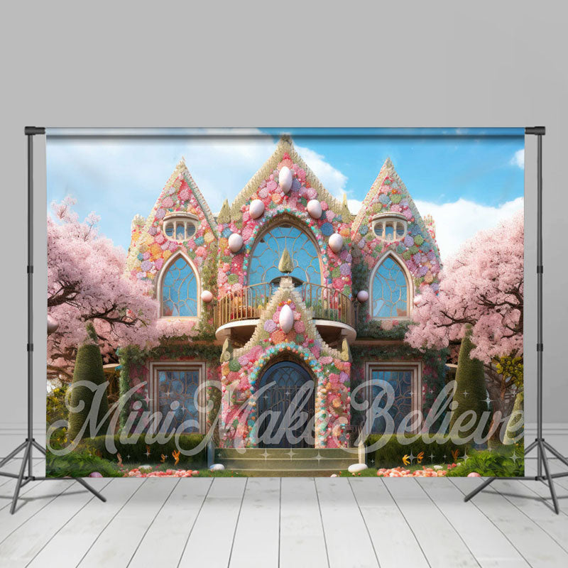 Aperturee - Pink Fairy House Sakura Tree Eggs Easter Backdrop