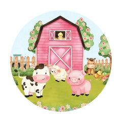 Aperturee - Pink Farm House And Animals Round Birthday Backdrop
