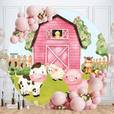 Aperturee - Pink Farm House And Animals Round Birthday Backdrop