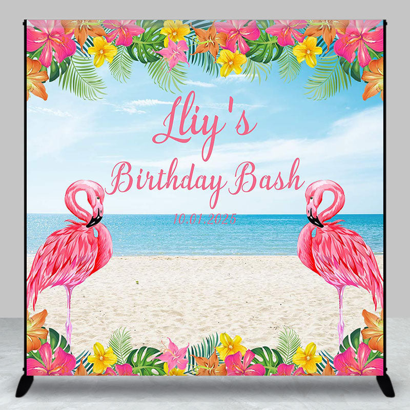 Aperturee - Pink Flamingo Floral Beach Custom Birthday Backdrop