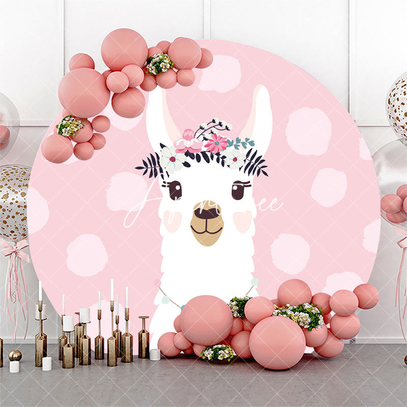 Aperturee - Pink Floral Alpaca Animals Round Birthday Backdrop