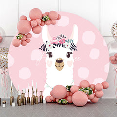 Aperturee - Pink Floral Alpaca Animals Round Birthday Backdrop