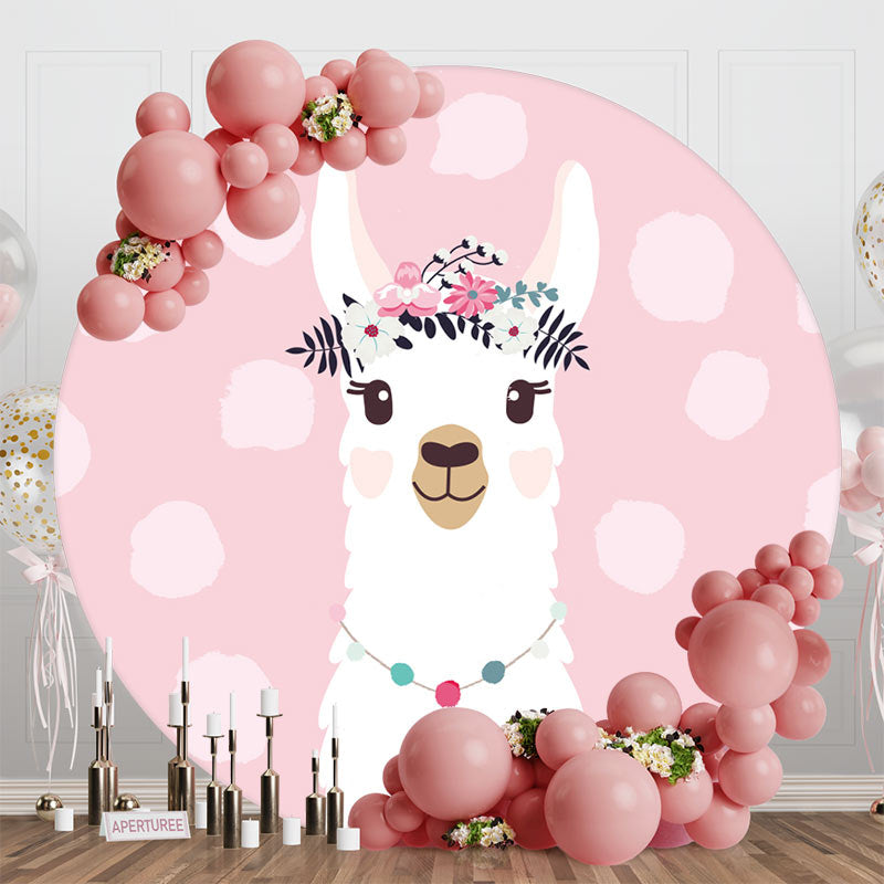 Aperturee - Pink Floral Alpaca Animals Round Birthday Backdrop