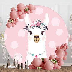 Aperturee - Pink Floral Alpaca Animals Round Birthday Backdrop
