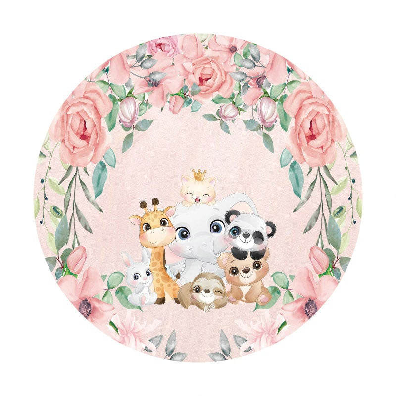 Aperturee - Pink Floral And Cute Animals Round Baby Shower Backdrop