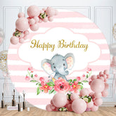 Aperturee - Pink Floral And Elephant Round Birthday Backdrop