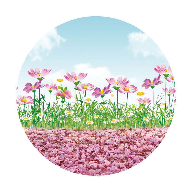 Aperturee - Pink Floral And Green Leaves Round Birthday Backdrop