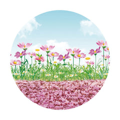 Aperturee - Pink Floral And Green Leaves Round Birthday Backdrop