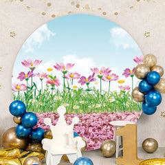 Aperturee - Pink Floral And Green Leaves Round Birthday Backdrop