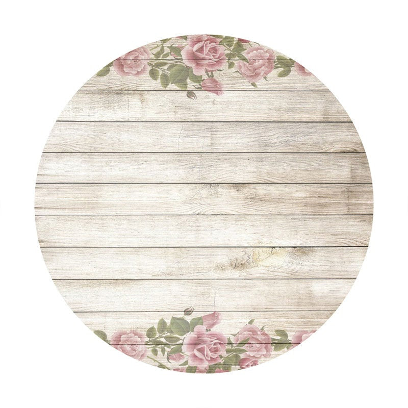 Aperturee - Pink Floral And Grey Wood Round Birthday Backdrop