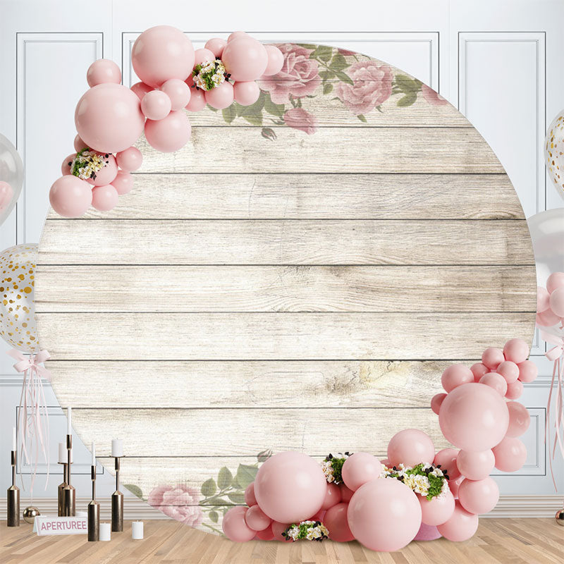 Aperturee - Pink Floral And Grey Wood Round Birthday Backdrop
