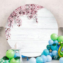 Aperturee - Pink Floral And Grey Wooden Round Birthday Backdrop