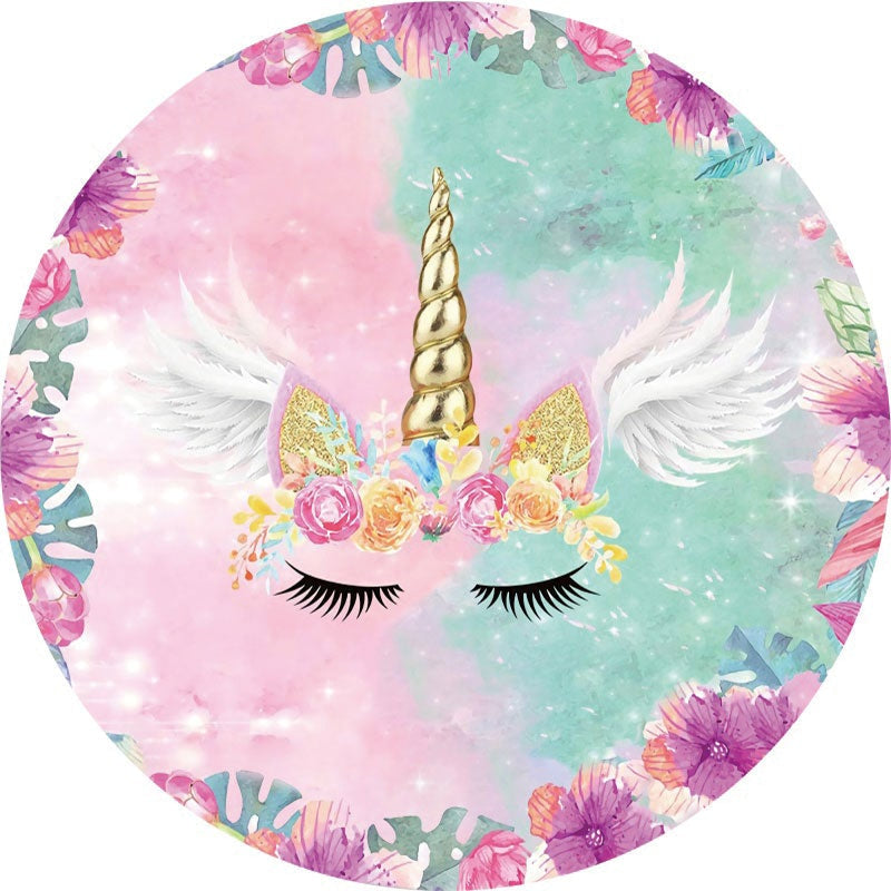 Aperturee - Pink Floral And Unicorn Round Birthday Party Backdrop