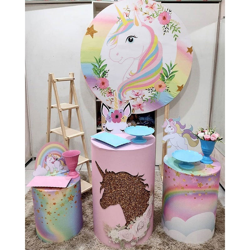 Aperturee Pink Floral And Unicorn Round Girls Birthday Backdrop Kit