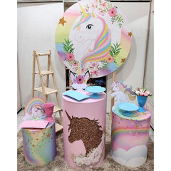 Aperturee Pink Floral And Unicorn Round Girls Birthday Backdrop Kit