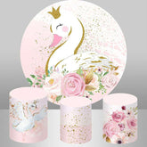 Aperturee Pink Floral And White Swan Round Girls Birthday Backdrop
