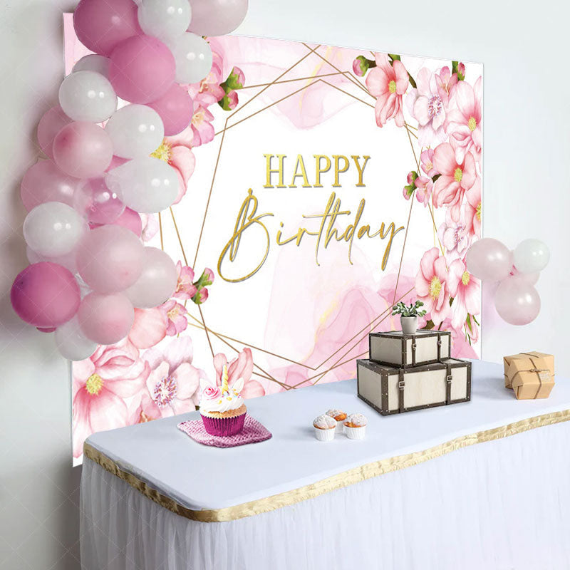 Aperturee - Pink Floral Bud Watercolor Happy Birthday Backdrop