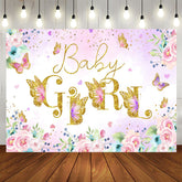 Aperturee - Pink Floral Butterfly Girls Baby Shower Backdrop