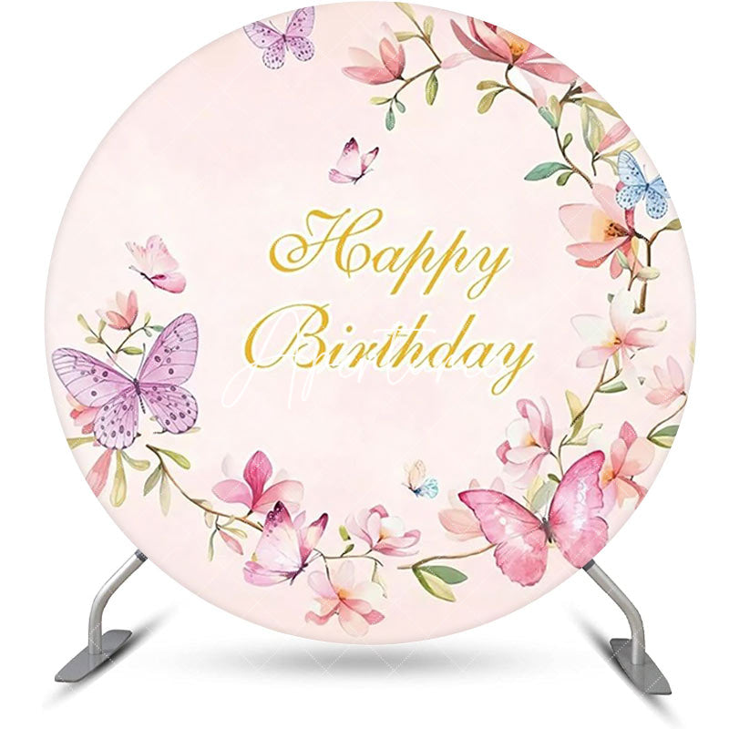 Aperturee - Pink Floral Butterfly Spring Round Birthday Backdrop