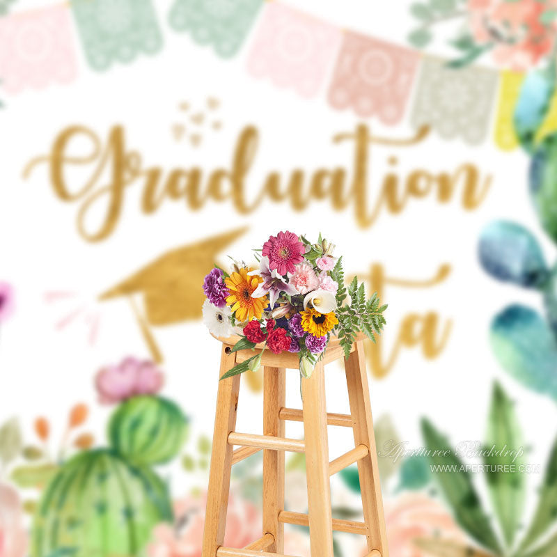 Aperturee - Pink Floral Cactus Graduation Fiesta Photo Backdrop