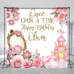 Aperturee - Pink Floral Castle Mirror Custom Birthday Backdrop