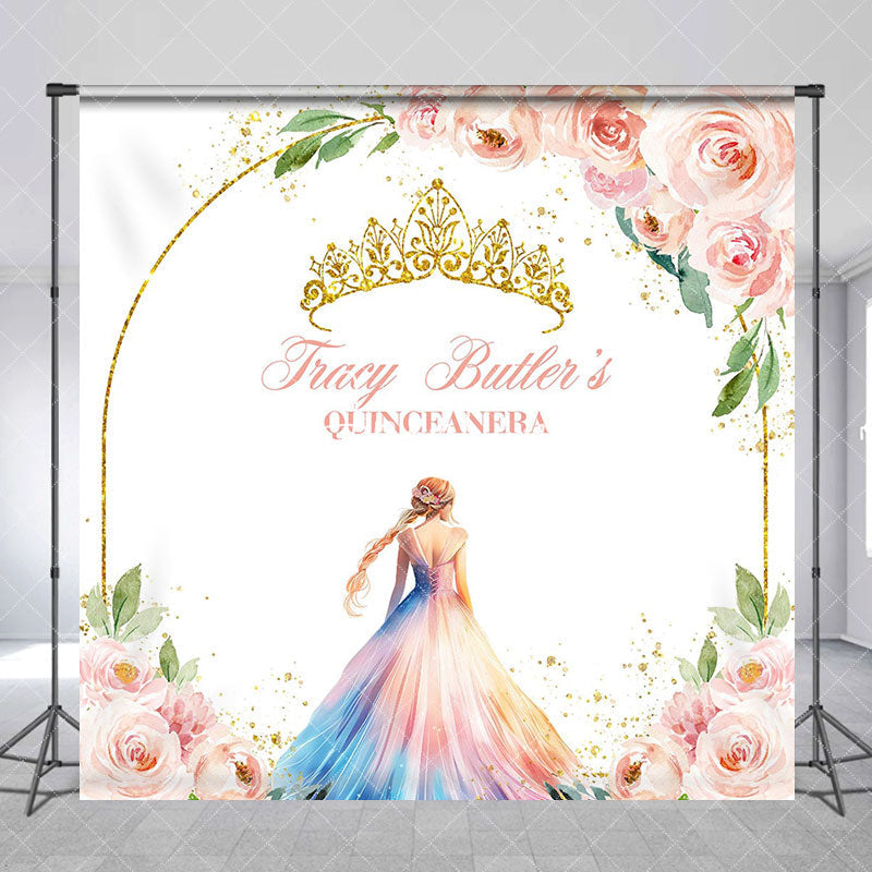 Aperturee - Pink Floral Crown Custom Name Quinceanera Backdrop