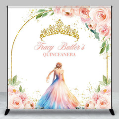Aperturee - Pink Floral Crown Custom Name Quinceanera Backdrop