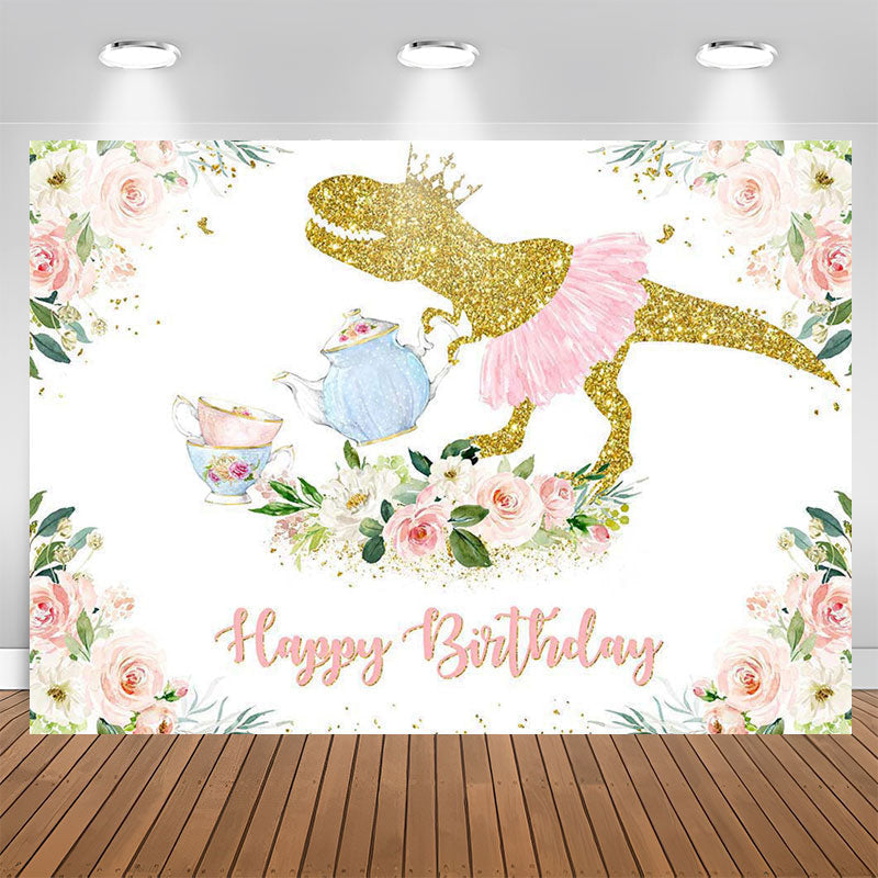 Aperturee - Pink Floral Dinosaur Birthday Photoshoot Backdrop