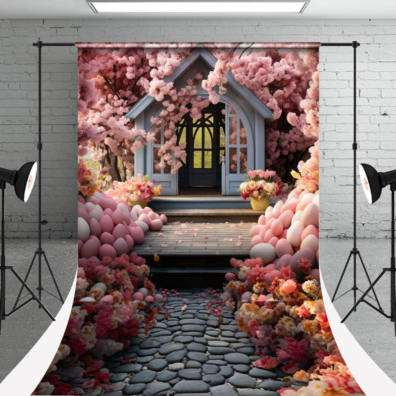 Aperturee - Pink Floral Egg White Wooden House Easter Backdrop